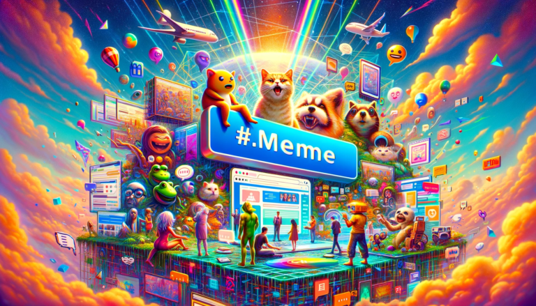 DALL·E 2024 01 03 16.52.17 A vibrant and colorful digital landscape representing the world of internet memes. The scene includes a large glowing .meme domain sign suspended i